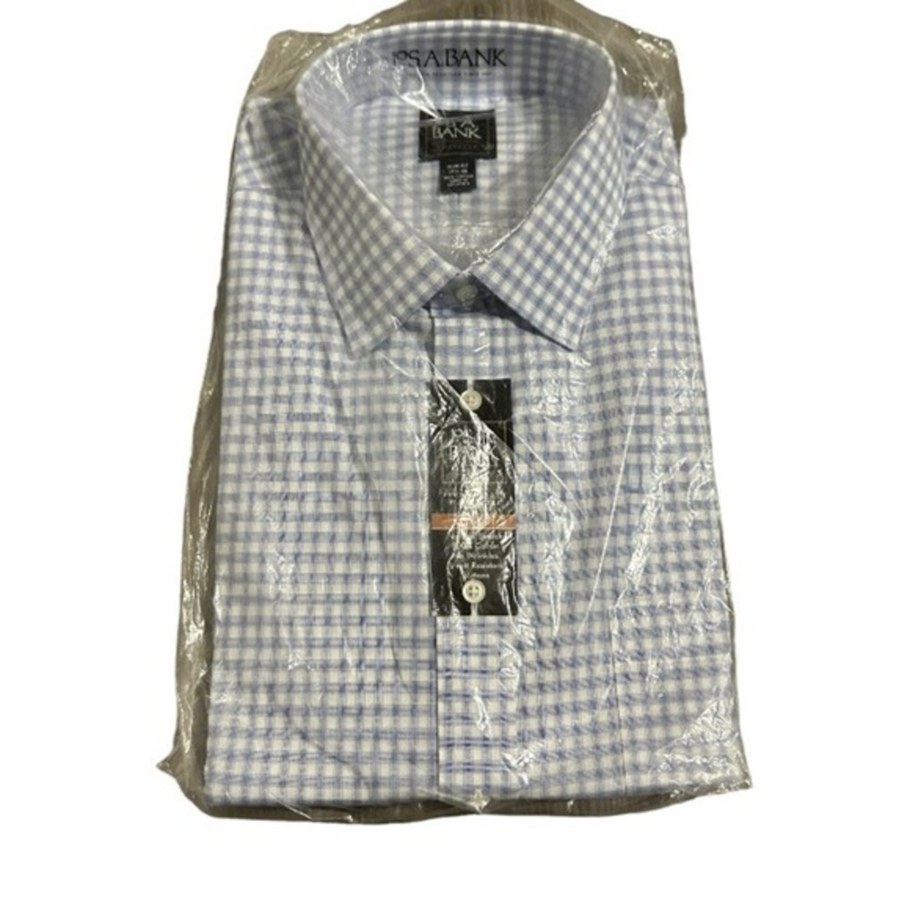 Jos A Bank Traveler Dress Shirt‎ Mens 17.5 36 Blue White Plaid Wrinkle Resistant
